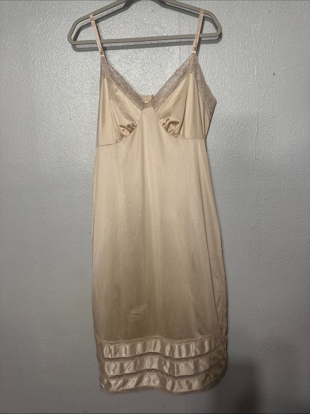 Vintage Adonna Lace Trim Full Slip Dress Nude/Beige Size 42